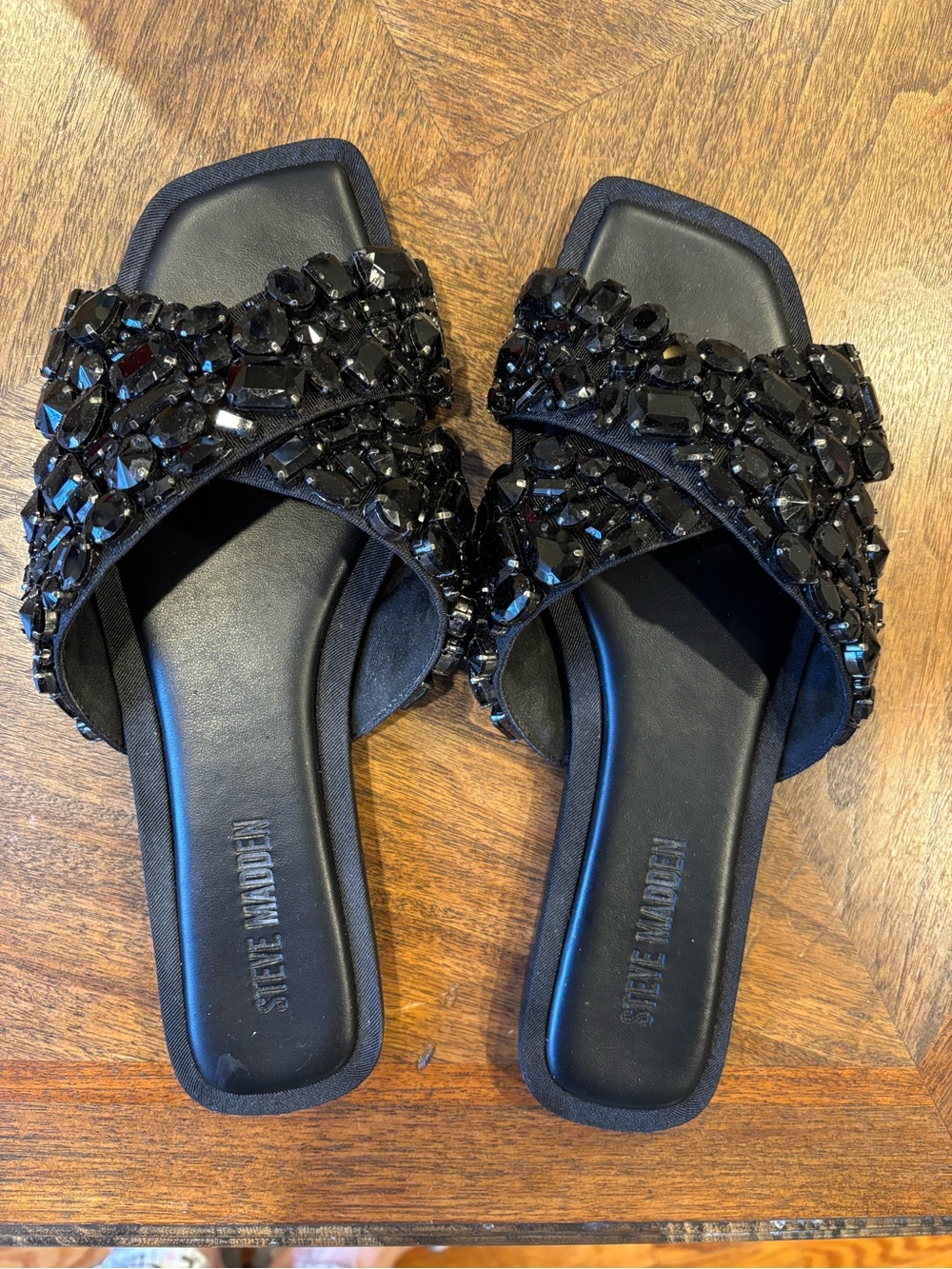 Steve Madden Black Jeweled Crisscross Slide Mules